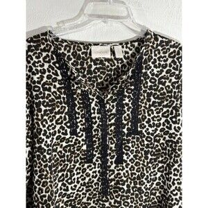 Chicos Leopard Cheetah Brown Black Sz 1 Split Neckline Roll Tab Woman’s Blouse